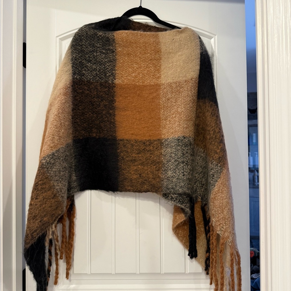 Brown and Black Plaid Cape with Fringe